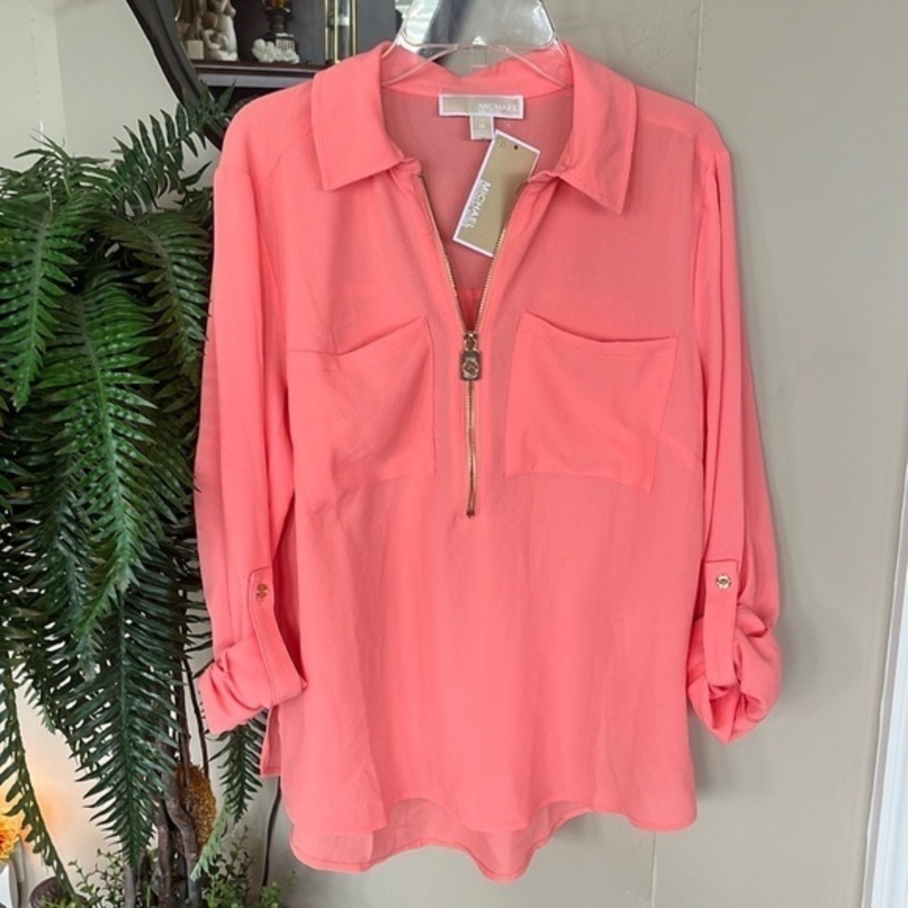 Brand New Michael Kors Coral Long Sleeve Blouse w/ Gold Tone Zipper Flowing Top